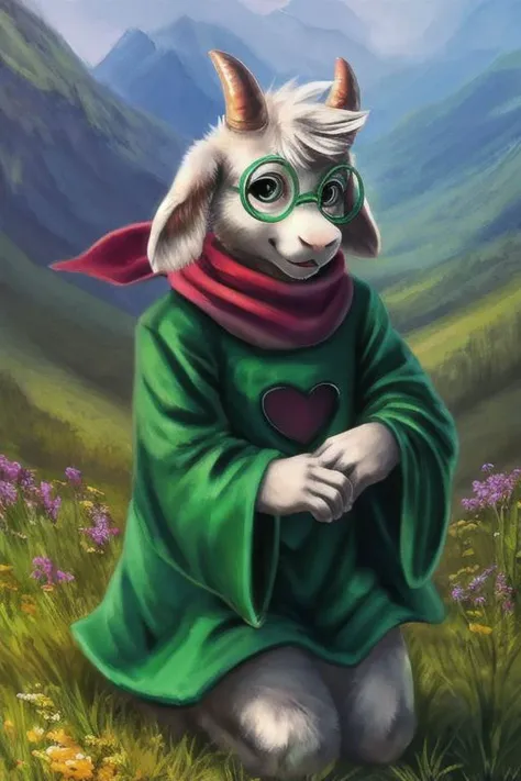 uploaded on e621, by Sabretoothed Ermine, by Supplesee, (fluffy), solo, kid, child, (goat), (((white fur))), (red scarf, green robe, green glasses), ((Ralsei)), cartoon, anthro, white hair, (soft shading), 4k, hi res, five fingers, paws, detailed hands, ((detailed face)), (((face portrait))), sitting, (hanging goat ears), masterpiece, landscape, portrait, detailed background, realistic, masterpiece, highest quality