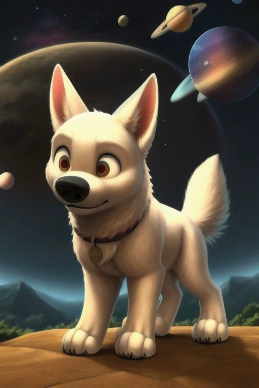 bolt, dog, male, feral, ((solo)), standing, high light, ((planets)), fire meteor, nebula, stars, universe, ((cosmos)), crystal, ((colored crystals)), (((focus on character))), burning sky, anatomically correct, detailed, detailed background, best quality, masterpiece, detailed eyes, detailed pupil, OverallDetail,