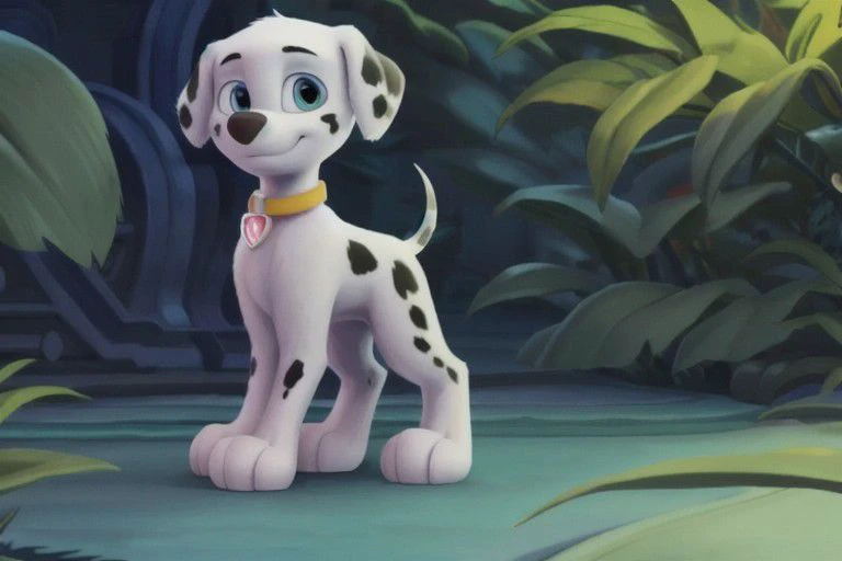 paw patrol, marshall, dalmatian, male, feral, ((solo)), standing, high light, jungle, (((focus on character))), anatomically correct, detailed, detailed background, best quality, masterpiece, detailed eyes, detailed pupil, OverallDetail,