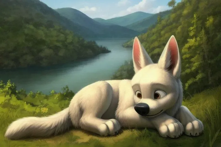 bolt, dog, male, feral, ((solo)), sleeping, lying, closed eyes, view of the forests mountains and lake, best landscape, realistic fur, anatomically correct, detailed, detailed background, best quality, masterpiece, detailed eyes, detailed pupil,