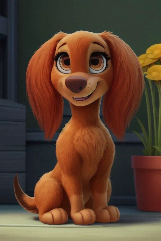 paw patrol, liberty, dachshound, female, feral, ((short legs)), tail, full body, ((solo)), sitting, looking at viewer, happy, flowers, realistic fur, anatomically correct, detailed, detailed fur, best quality, masterpiece, detailed eyes, detailed pupil,