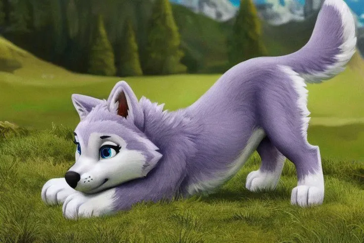 {(paw patrol:0.9), (everest), syberian husky, female, (feral), blue eyes, full body, detailed fur, fur crumbles, (realistic fur), grassland, anatomically correct, female body correct, detailed, detailed background, best quality, masterpiece, rotate on back, detailed eyes, detailed puppy, detailed pup,}