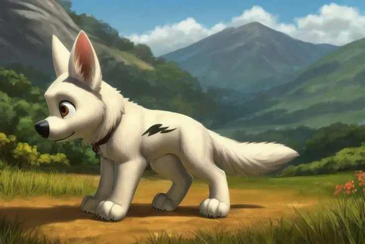 bolt, dog, male, feral, ((solo)), standing, high light, side view, ((black tattoo on the side of the body)), mountain, meadow, best landscape, (((focus on character))), anatomically correct, detailed, detailed background, best quality, masterpiece, detailed eyes, detailed pupil, OverallDetail,