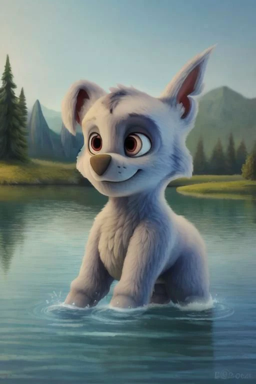 {rocky, paw patrol, grey fur, left eye marking, (right floppy ear), male, feral, best tail, ((solo)), dog, jump into lake, water, grassland, anatomically correct, realistic fur, detailed, detailed background, best quality, masterpiece, detailed eyes, detailed pup, pupil, muzzle in grass, full body,}