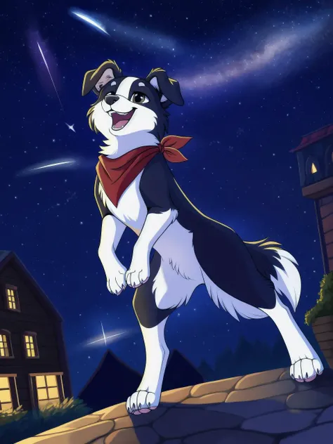 [best quality, shaded, highly detailed], solo, male, (anatomically correct), (feral, border collie), full body, kerchief, teeth, claws, red kerchief, hi res, detailed background, town, night, open mouth, open smile, quadruped, 4toes, sky, star, shooting star, galaxy in distance, star dust, playful hop, <lora:thickline_fp16:0.8>,