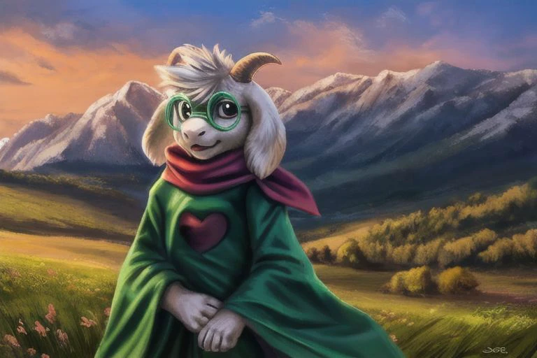 uploaded on e621, by Sabretoothed Ermine, by Supplesee, (fluffy), solo, , (goat), (((white fur))), (red scarf, green robe, green glasses), ((Ralsei)), cartoon, anthro, white hair, (soft shading), 4k, hi res, five fingers, paws, detailed hands, ((detailed face)), (((face portrait))), sitting, (hanging goat ears), masterpiece, landscape, portrait, detailed background, realistic, masterpiece, highest quality