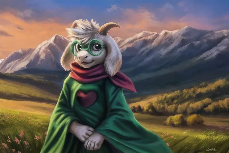 uploaded on e621, by Sabretoothed Ermine, by Supplesee, (fluffy), solo, kid, child, (goat), (((white fur))), (red scarf, green robe, green glasses), ((Ralsei)), cartoon, anthro, white hair, (soft shading), 4k, hi res, five fingers, paws, detailed hands, ((detailed face)), (((face portrait))), sitting, (hanging goat ears), masterpiece, landscape, portrait, detailed background, realistic, masterpiece, highest quality