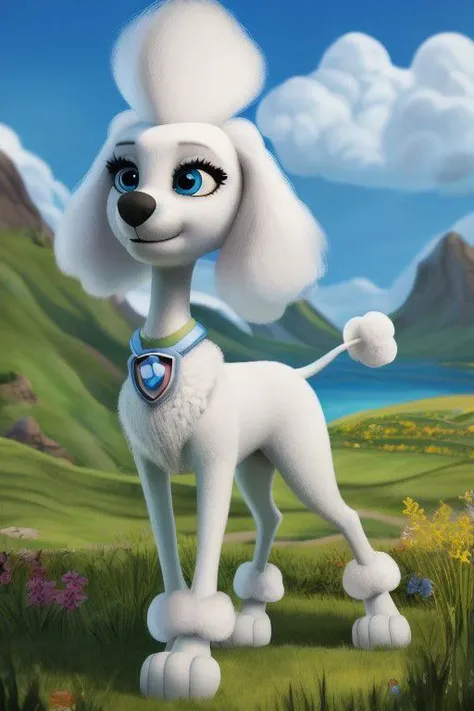 paw patrol, delores, female, white fur, ((feral)), dog, poodle:1.2, ((solo)), realistic fur, detailed fur, anatomically correct, black nose, body correct, correct anatomy, detailed face, detailed background, best quality, masterpiece, eyes, detailed eyes, poodle tail, blue eyes, full body, grassland, OverallDetail,