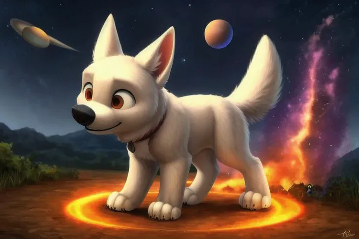 bolt, dog, male, feral, ((solo)), standing, high light, ((planets)), fire meteor, nebula, stars, universe, ((cosmos)), crystal, ((colored crystals)), (((focus on character))), burning sky, anatomically correct, detailed, detailed background, best quality, masterpiece, detailed eyes, detailed pupil, OverallDetail,