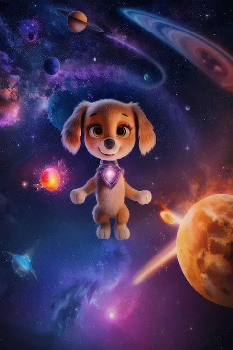 paw patrol, skye, cockapoo, female, feral, ((solo)), standing, by crumbles, high light, ((planets)), fire meteor, nebula, stars, universe, ((cosmos)), crystal, ((colored crystals)), (((focus on character))), burning sky, anatomically correct, detailed, detailed background, best quality, masterpiece, detailed eyes, detailed pupil,