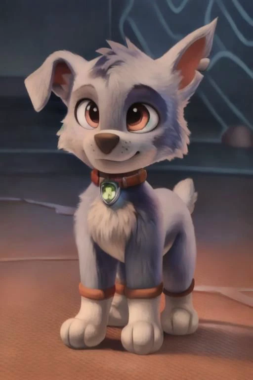 {rocky paw patrol, grey fur, left eye marking, floppy one ear, male, feral, ((solo)), standing, colar, by yosshi, anatomically correct, by crumbles, realistic fur, detailed, detailed background, best quality, masterpiece, detailed eyes, detailed pupil,}