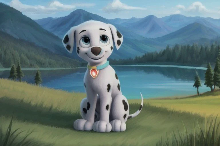 paw patrol, marshall, dalmatian, feral, male, ((solo)), short legs, sitting, happy, cute, view of the forests mountains and lake, best landscape, ((realistic fur)), anatomically correct, detailed, detailed background, best quality, masterpiece, detailed eyes, detailed pupil,