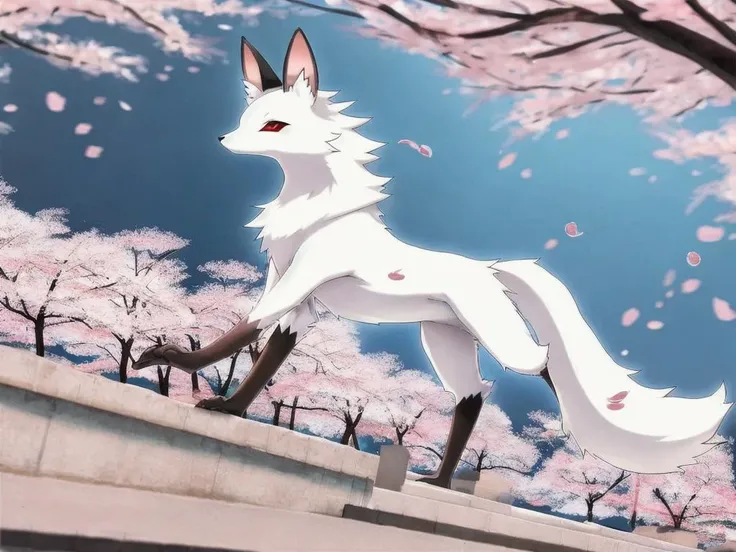 (anime)++_Japanese style_white animal_white fox_quadrupedal locomotion_full body shot_cherry blossom leaves_tall_location ground