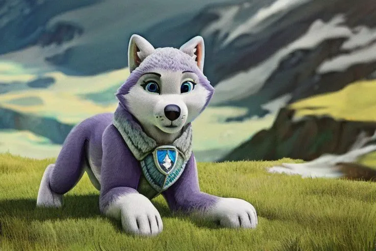 {(paw patrol:0.9), (everest), syberian husky, female, (feral), blue eyes, full body, detailed fur, fur crumbles, (realistic fur), grassland, anatomically correct, female body correct, detailed, detailed background, best quality, masterpiece, detailed eyes, detailed puppy, detailed pup,}