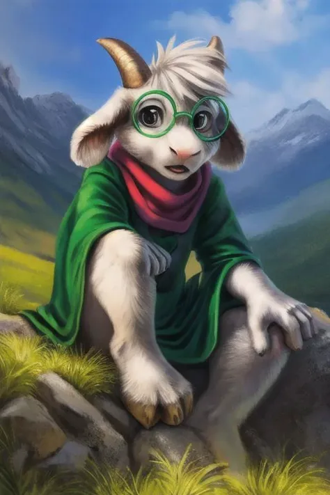 uploaded on e621, by Sabretoothed Ermine, by Supplesee, (fluffy), solo, **********, (goat), (((white fur))), (red scarf, green robe, green glasses), ((Ralsei)), cartoon, anthro, white hair, (soft shading), cyborg, saber into arms, implants, steel hand, 4k, hi res, five fingers, paws, detailed hands, ((detailed face)), face portrait, sitting, (hanging goat ears), masterpiece, landscape, portrait, detailed background, realistic, masterpiece, highest quality