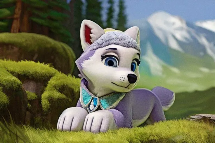 {(paw patrol:0.9), (everest), syberian husky, female, (feral), blue eyes, full body, detailed fur, fur crumbles, (realistic fur), grassland, anatomically correct, female body correct, detailed, detailed background, best quality, masterpiece, detailed eyes, detailed puppy, detailed pup,}