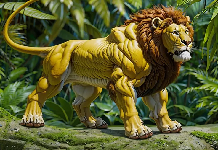 (feral:1.4), lion, 4 toes, bulbous swollen muscles, hyper muscular, serratus, extremely exposed muscles, huge paws, animal muscle definition, (minihead:1.4), inflated, latissimus obliques deltoids, prominent calves, hyper realism, ultra-high detail, jungle <lora:difConsistency_photo:0.382>