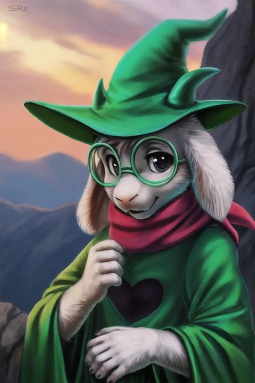 uploaded on e621, by Sabretoothed Ermine, by Supplesee, (fluffy), solo, kid, child, (goat), (((white fur))), (red scarf, green robe, green glasses), ((Ralsei)), cartoon, anthro, white hair, (soft shading), cyborg, saber into arms, implants, steel hand, 4k, hi res, five fingers, paws, detailed hands, ((detailed face)), face portrait, sitting, (hanging goat ears), masterpiece, landscape, portrait, detailed background, realistic, masterpiece, highest quality