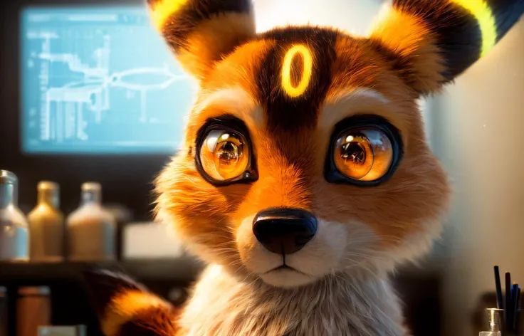 long shot scenic professional photograph of detailed background, a modern laboratory with high-tech equipment and glowing monitors, shelves filled with colorful vials and beakers. In the center of the lab stands a((petite, slim)(umbreon:1.2)), (fur contrasting against the sterile environment). Her((intelligent amber eyes:1.1)sparkle with curiosity), as she peers through a microscope, (small paw carefully adjusting the focus), (scientific papers scattered across the desk). The room is filled with an air of intellectual energy as she scribbles notes in her notebook, (pencil poised between her delicate paws). Behind her, intricate formulas and equations are written on a chalkboard, (charts and graphs detailing her latest findings), (state-of-the-art machinery humming softly in the background), <lora:add_detail:0.7> <lora:F1-Furry-Eeveelution:0.8> <lora:fluffyrock-quality-tags-v3.0-vpred:0.7>, glow effects, godrays, Hand drawn, render, 8k, octane render, cinema 4d, blender, dark, atmospheric 4k ultra detailed, cinematic, Sharp focus, big depth of field, Masterpiece, colors, 3d octane render, 4k, concept art, trending on artstation, hyperrealistic, Vivid colors, extremely detailed CG unity 8k wallpaper, trending on CGSociety, Intricate, High Detail, dramatic, perfect viewpoint, highly detailed, wide-angle lens, hyper realistic, with dramatic sky, polarizing filter, natural lighting, vivid colors, everything in sharp focus, HDR, UHD, 64K, 3d fluffy, closeup cute and adorable, cute big circular reflective eyes, long fuzzy fur, Pixar render, unreal engine cinematic smooth, intricate detail, cinematic<hypernet:photo-100k:1.0><hypernet:photo-100k:1.0>