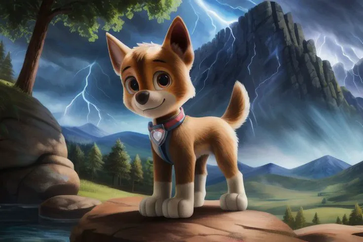 paw patrol, chase, german shepherd, male, feral, ((solo)), standing, looking at viewer, focus on character, anatomically correct, by crumbles, view of the forests mountains rain and thunder, best landscape, detailed, detailed background, best quality, masterpiece, detailed eyes, detailed pupil,