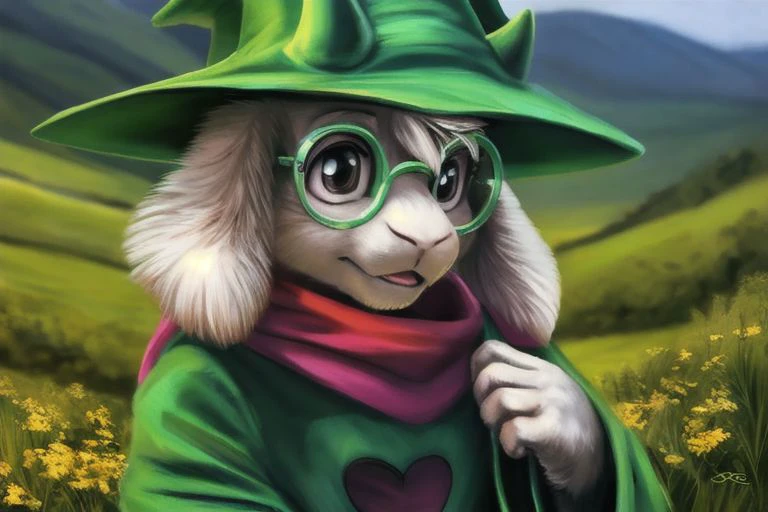uploaded on e621, by Sabretoothed Ermine, by Supplesee, (fluffy), solo, , (goat), (((white fur))), (red scarf, green robe, green glasses), ((Ralsei)), cartoon, anthro, white hair, (soft shading), 4k, hi res, five fingers, paws, detailed hands, ((detailed face)), (((face portrait))), sitting, (hanging goat ears), masterpiece, landscape, portrait, detailed background, realistic, masterpiece, highest quality
