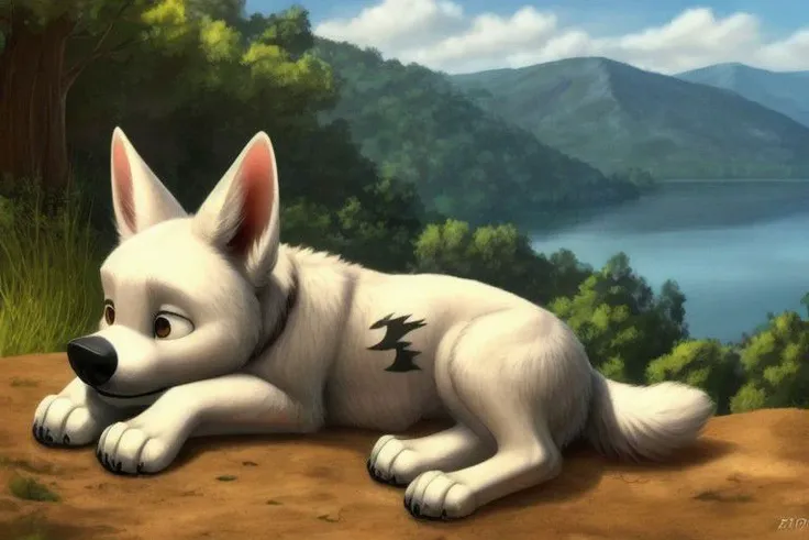 bolt, dog, male, feral, ((solo)), sleeping, lying, closed eyes, ((black tattoo on the side of the body)), view of the forests mountains and lake, best landscape, realistic fur, anatomically correct, detailed, detailed background, best quality, masterpiece, detailed eyes, detailed pupil,