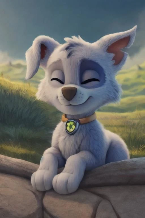 {rocky, paw patrol, grey fur, left eye marking, floppy one ear, male, feral, ((solo)), lying, sleeping, eyes closed, grassland, anatomically correct, realistic fur, detailed, detailed background, best quality, masterpiece, detailed eyes, detailed pupil,}