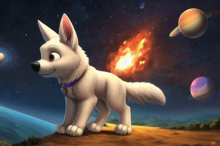 bolt, dog, male, feral, ((solo)), standing, high light, ((planets)), fire meteor, nebula, stars, universe, ((cosmos)), crystal, ((colored crystals)), (((focus on character))), burning sky, anatomically correct, detailed, detailed background, best quality, masterpiece, detailed eyes, detailed pupil, OverallDetail,