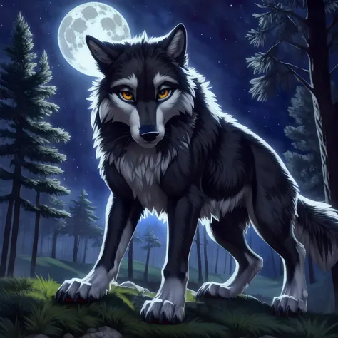feral, wolf, night, full moon, looking at viewer, forest,, [best quality, shaded, extreme detail, highly detailed, ultradetailed, intricate, realistic], detailed background, by Enki Bilal, by wolfy-nail, by Michael & Inessa Garmash, Ruan Jia, by drmax,