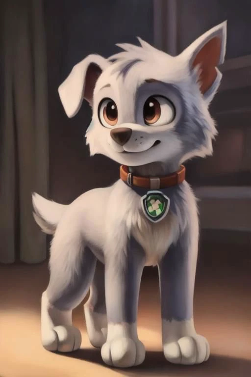 {rocky paw patrol, grey fur, left eye marking, floppy one ear, male, feral, ((solo)), standing, colar, by yosshi, anatomically correct, by crumbles, realistic fur, detailed, detailed background, best quality, masterpiece, detailed eyes, detailed pupil,}