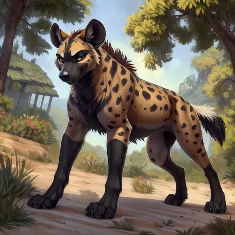 full body, feral, hyena, looking at viewer, subdesert,, [best quality, shaded, extreme detail, highly detailed, ultradetailed, intricate, realistic], detailed background, by Enki Bilal, by wolfy-nail, by Michael & Inessa Garmash, Ruan Jia, by drmax,