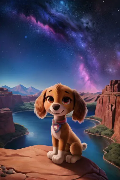 paw patrol, skye, cockapoo, female, feral, ((solo)), sitting, by crumbles, (looking at viewer), ((focus on character)), nebula, stars, universe, ((cosmos)), anatomically correct, focus on character, view of the mountains, river, canyon, best landscape, detailed, detailed background, best quality, masterpiece, detailed eyes, detailed pupil,