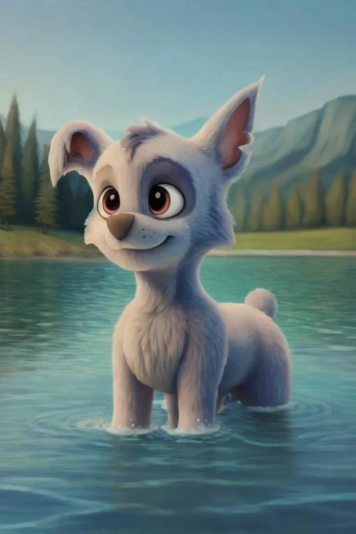 {rocky, paw patrol, grey fur, left eye marking, (right floppy ear), male, feral, best tail, ((solo)), jump into lake, water, grassland, anatomically correct, realistic fur, detailed, detailed background, best quality, masterpiece, detailed eyes, detailed pup, pupil, full body,}
