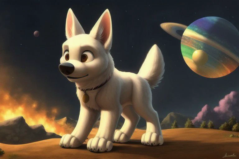 bolt, dog, male, feral, ((solo)), standing, high light, ((planets)), fire meteor, nebula, stars, universe, ((cosmos)), crystal, ((colored crystals)), (((focus on character))), burning sky, anatomically correct, detailed, detailed background, best quality, masterpiece, detailed eyes, detailed pupil, OverallDetail,