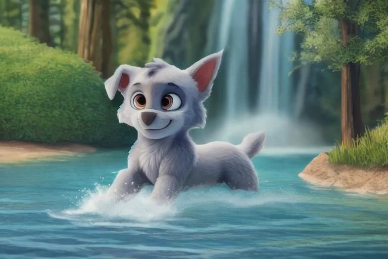 {paw patrol, rocky, paw patrol, grey fur, left eye marking, floppy one ear, tail, full body, ((solo)), male, feral, ((swimming)), half body in water, lake, grass, tree, waterfall, realistic fur, anatomically correct, detailed, detailed fur, best quality, masterpiece, detailed eyes, detailed pupil,}