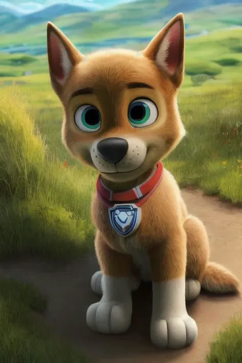 paw patrol, chase, german shepherd, ((solo)), male, feral, ((black nose)), sitting, realistic fur, (grassland), anatomically correct, detailed, detailed background, best quality, masterpiece, detailed eyes, detailed pupil,