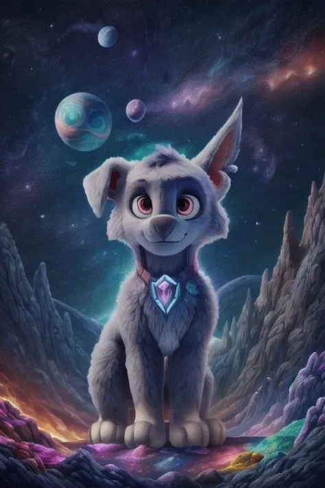 {rocky, paw patrol, grey fur, left eye marking, floppy one ear, tail, full body, ((solo)), male, high light, ((planets)), fire meteor, nebula, stars, universe, ((cosmos)), crystal, ((colored crystals)), (((focus on character))), burning sky, realistic fur, anatomically correct, detailed, detailed fur, best quality, masterpiece, detailed eyes, detailed pupil,}