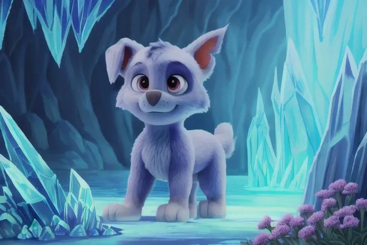 {rocky, paw patrol, grey fur, left eye marking, floppy one ear, tail, full body, ((solo)), male, high light, lightning crystal cave, crystal, colored crystal, flowers, crystal trees, water drop, realistic fur, anatomically correct, detailed, detailed fur, best quality, masterpiece, detailed eyes, detailed pupil,}