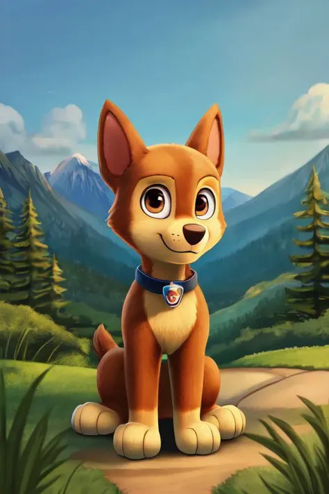 paw patrol, chase, brown eyes, male, feral, ((solo)), sitting, looking at viewer, collar, focus on character, anatomically correct, view of the forests mountains, best landscape, detailed, detailed background, best quality, masterpiece, detailed eyes, detailed pupil,