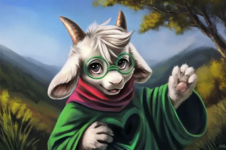 uploaded on e621, by Sabretoothed Ermine, by Supplesee, (fluffy), solo, kid, child, (goat), (((white fur))), (red scarf, green robe, green glasses), ((Ralsei)), cartoon, anthro, white hair, (soft shading), 4k, hi res, five fingers, paws, detailed hands, ((detailed face)), (((face portrait))), sitting, (hanging goat ears), masterpiece, landscape, portrait, detailed background, realistic, masterpiece, highest quality