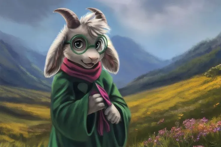 uploaded on e621, by Sabretoothed Ermine, by Supplesee, (fluffy), solo, kid, child, (goat), (((white fur))), (red scarf, green robe, green glasses), ((Ralsei)), cartoon, anthro, white hair, (soft shading), 4k, hi res, five fingers, paws, detailed hands, ((detailed face)), (((face portrait))), sitting, (hanging goat ears), masterpiece, landscape, portrait, detailed background, realistic, masterpiece, highest quality