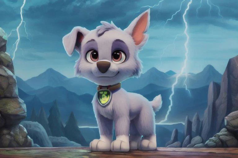 paw patrol, rocky, grey fur, left eye marking, floppy one ear, ((solo)), standing, looking at viewer, focus on character, anatomically correct, view of the forests mountains ((thunder)), best landscape, detailed, detailed background, best quality, masterpiece, detailed eyes, detailed pupil,