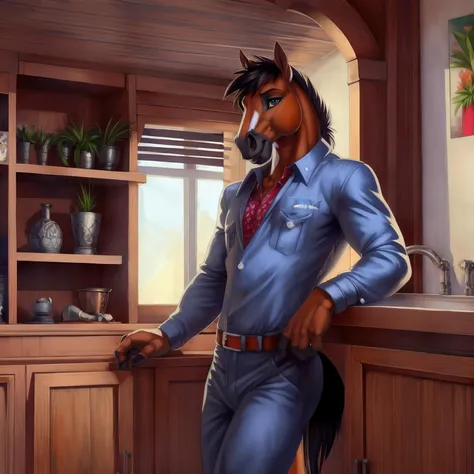 There is one adult character on this picture. The character is a slender anthropomorphic male brown horse, brown fur, slender character, athletic, barefoot, digitigrade, hooves, horse tail, male bare chest, bare chested male, topless male, black nipples, black areolas, nude, naked, black balls, visible balls, balls, black testicles, visible testicles, testicles, black flaccid penis, visible black flaccid penis, black flaccid penis, visible male genitals parts, nsfw. The scene takes place on a solarpunk kitchen. Kitchen with a lot of green plants. Luxurious vegetation. The character is drinking a cup of coffee. The character is holding a cup of coffee. POV. Day.