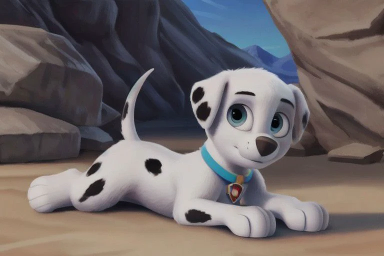 paw patrol, marshall, dalmatian, feral, male, ((solo)), short legs, lying, on front, ((realistic fur)), mountain, anatomically correct, detailed, detailed background, best quality, masterpiece, detailed eyes, detailed pupil,