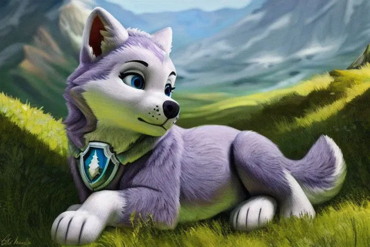 {(paw patrol:0.9), (everest), syberian husky, female, (feral), blue eyes, full body, detailed fur, fur crumbles, (realistic fur), grassland, anatomically correct, female body correct, detailed, detailed background, best quality, masterpiece, detailed eyes, detailed puppy, detailed pup,}