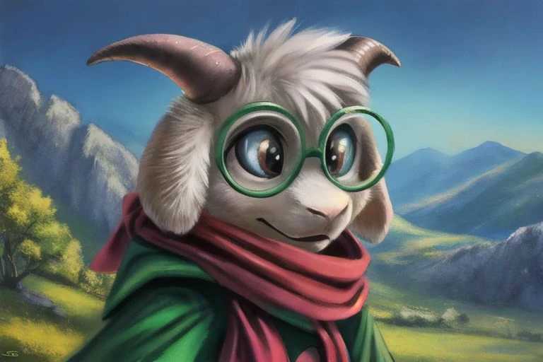 uploaded on e621, by Sabretoothed Ermine, by Supplesee, (fluffy), solo, , (goat), (((white fur))), (red scarf, green robe, green glasses), ((Ralsei)), cartoon, anthro, white hair, (soft shading), 4k, hi res, five fingers, paws, detailed hands, ((detailed face)), (((face portrait))), sitting, (hanging goat ears), masterpiece, landscape, portrait, detailed background, realistic, masterpiece, highest quality