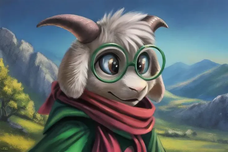 uploaded on e621, by Sabretoothed Ermine, by Supplesee, (fluffy), solo, kid, child, (goat), (((white fur))), (red scarf, green robe, green glasses), ((Ralsei)), cartoon, anthro, white hair, (soft shading), 4k, hi res, five fingers, paws, detailed hands, ((detailed face)), (((face portrait))), sitting, (hanging goat ears), masterpiece, landscape, portrait, detailed background, realistic, masterpiece, highest quality