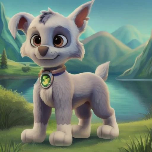 {(paw patrol), rocky, grey fur, male, (feral), brown eyes, full body, feral, realistic fur, grassland, lake, anatomically correct, body correct, male body correct, detailed, detailed background, best quality, masterpiece, detailed eyes, detailed puppy, pup, best tail, tail, (right floppy ear), left eye mark}