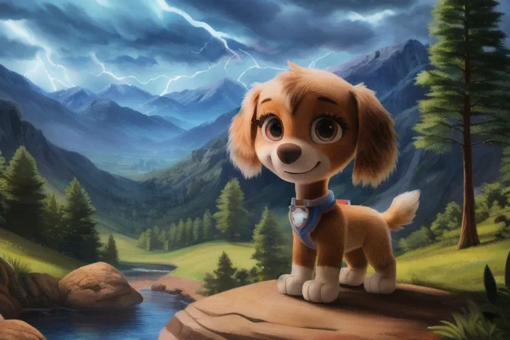 paw patrol, skye, cockapoo, female, feral, ((solo)), standing, by crumbles, (looking at viewer), focus on character, anatomically correct, focus on character, view of the forests mountains ((thunder)), best landscape, detailed, detailed background, best quality, masterpiece, detailed eyes, detailed pupil,