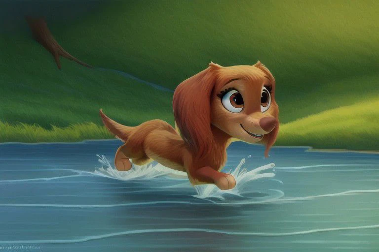 {paw patrol, liberty, dachshund, longhair dachshund, female, feral, brown eyes, realistic fur, short legs, anatomically correct, tail, female body correct, detailed tail, detailed background, best quality, masterpiece, detailed eyes, adult, jump, forest lake, jump into water, water splash,}